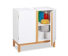 Relaxdays Mobile Sottolavabo, 2 scomparti, Armadietto da Bagno in MDF e Bambù, Mobiletto per Lavabo, HLP 61x60x30cm, Bianco/Marrone