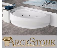 Vasca Bagno Idromassaggio Angolare Angolo Curva Asimmetrica Novellini Vogue Hydro 150x85 H55 cm 140 Litri LT Colonna Erogatore Sinistra Pannello Whirlpool Telecomando Poggiatesta Telaio Bianco Lucido