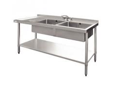 Vogue - Lavandino in acciaio INOX, 1500 x 600 mm, bacinella doppio e scolatoio a destra