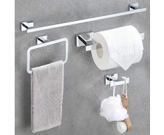 DUFU 4 Pezzi Portasciugamani Set di Accessori da Bagno, Porta Salviette 40CM Acciaio Inossidabile Anello Portasciugamani, Portarotolo e Gancio per Accappatoio, Port Asciugamani da Parete Argento