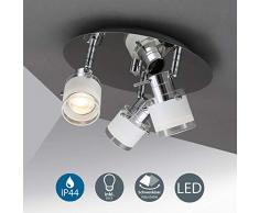 Faretti LED da soffitto orientabili, lampadario bagno, include 3 lampadine LED GU10 da 5W 400Lm, luce calda 3000K, plafoniera moderna resistente agli schizzi d'acqua IP44, metallo cromato e vetro 230V