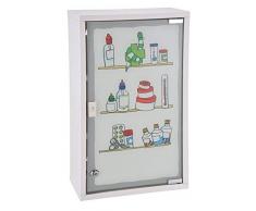 Armadietto medicinali in metallo bianco con vetro smerigliato e stampa multicolore, con serratura per chiudere a chiave, dallaspetto attraente.