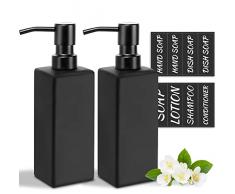 MIUSITE Dispenser di Sapone in Vetro Nero Opaco con Pompa in Metallo, Dispenser di Sapone Quadrati da 350 ml per Cucina e Bagno, Dispenser di Sapone Ricaricabile Elegante con Etichette 2 Pezzi