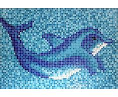 Quadro mosaico in vetro azzurro azzurro con immagine di delfino, incollato in carta per pavimenti, pareti, bagno, doccia, cucina, specchio, rivestimento, vasca da bagno, mosaico