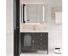 REALN Mobile Bagno con Lavabo in Ceramica, LED Illuminato Specchio Armadietto con Spazio di Archiviazione Nascosto, Lavabo da Bagno Moderno con Piedistallo in Legno (Color : Black, Size : 70cm/28in)
