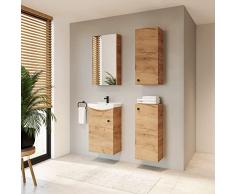 Planetmöbel Set da bagno completo di base 45 cm con lavabo, specchiera e armadio 2X midi in rovere oro, set completo per bagno 5 pezzi.