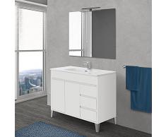 Mobile bagno a terra 100 cm, linea Way 3 cassetti + 2 ante, completo di lavabo e specchio (Bianco Lucido)