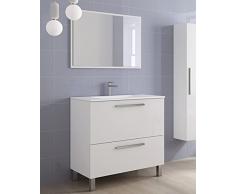 Dmora Mobile sottolavabo con Due cassetti e Uno Specchio con Cornice, Colore Bianco Lucido, cm 80 x 80 x 45