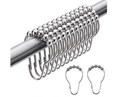 24 Pezzi Anelli per Ganci per Tende Doccia, Anelli Doccia in Metallo, Multifunzione Ferro Anelli Doccia Scorrevoli Lisci con 5 Roller Ball per Tenda da Doccia, Tenda da Finestra (Argento)