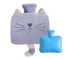 Lvjkes Boule acqua calda, Borsa acqua calda, Morbido peluche gatto ricamato design, rimovibile e lavabile con due inserti a mano, Adatto per i bambini, Bottiglia dacqua calda adulto (Grigio/1.2L)