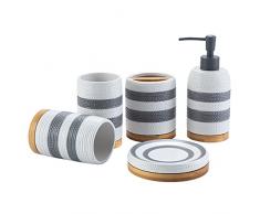 ZXCVBNAS Set di Accessori da Bagno-5 Pezzi,Set da Bagno in Ceramica con Base in Legno,portaspazzolino,Tazza per colluttorio,distributore di Sapone e portasapone