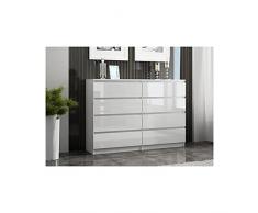 3xeliving Elegante e spaziosa cassettiera Demii 8 cassetti 140cm, colore bianco/bianco lucido, perfetta per il soggiorno, lufficio, la camera da letto, dimensioni 140 x 39 x 101 cm