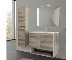 Mobile Bagno sospeso 80 cm, 2 Ante e vano a Giorno Serie Oasi, Colore Rovere con venatura Naturale, Completo di lavabo, Specchio e pensile Alto