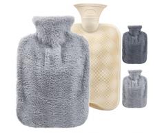 Borsa Acqua Calda Peluche da 2L, Borsa Acqua Calda Con Copertura In Pile Morbida Copertura Premium Fodera in Peluche Morbida per Alleviare il Dolore, Schiena, Collo (Light grey)