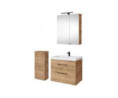 Planetmöbel Set da bagno completo di mobiletto da 63 cm, con lavabo, armadietto a specchio e 1 armadietto in rovere dorato, set completo per bagno, 4 pezzi