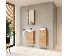 Planetmöbel Set da bagno completo di mobiletto 45 cm con lavabo, specchiera e 1x mobiletto midi in rovere oro, set completo per bagno 4 pezzi.
