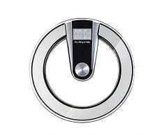 XMH Bilancia Pesapersone Digitale da Bagno, Bilancia Rotonda in Vetro Temperato Trasparente, Tecnologia Step-On con Sensori Ad Alta Precisione, Ampio Display LCD Retroilluminato Blu,Argento