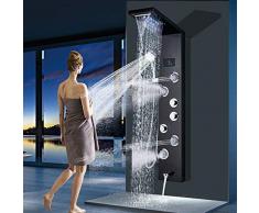 Onyzpily - Pannello doccia a LED in acciaio inox, nero, con colonna doccia, soffione a pioggia, e doccetta manuale, set da 4 ugelli massaggianti