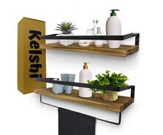 KelShiBasics Set di 2 mensole sospese, in legno e metallo, per cucina e bagno, design industriale, con porta asciugamani extra – 43 x 14,5 x 7 cm – nero