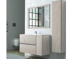 Mobile bagno sospeso 90/110 cm, cassetti e ante con chiusura rallentata, completo di specchio e lavabo in ceramioa (Effetto Pietra Beige, Mobile 90 con lavabo e specchio)