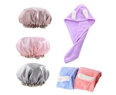 Doppio Strato Cuffia Doccia,Jicyor 3pcs Elastico Impermeabile Donna Riutilizzabile Cuffia Doccia + 3pcs Asciugatura Rapida Microfibra Asciugamano Capelli Turbante per Cucina SPA Doccia