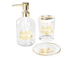 MONTEMAGGI Set Bagno 3 Pezzi in Vetro Trasparente con Scritte Oro e Dettagli in Metallo Dorato