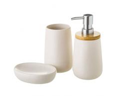 BAKAJI Set Accessori da Bagno 3pz con Dispenser Sapone Liquido Vaschetta Portasaponetta Bicchiere e Portaspazzolini in Ceramica e Legno di Bamboo Colore Bianco e Naturale