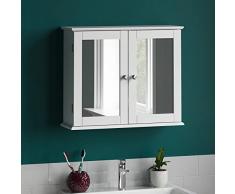 Bath Vida Armadio Vida Designs Milano Mobile da Bagno a Doppia Anta con Specchio, a Parete, Legno Vetro, Bianco, H 47 x W 57 x D 18 cm