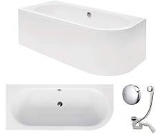 VBChome Vasca da bagno 160 x 75 cm, in acrilico, set sifone, vasca ad angolo, colore bianco, design moderno, scarico cromato Viega Simplex per 2 persone a sinistra