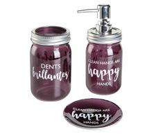 MONTEMAGGI Set Bagno 3 Pezzi in Vetro colorato Viola con Decorazioni Bianche e Dettagli Cromo