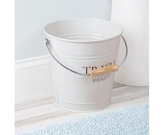 mDesign Cestino carta e secchio spazzatura - Cestino ufficio, bagno, cucina, camera - Capacità: 12,5 l - Materiale: metallo con manico in legno - Colore: bianco - Stile rustico e vintage