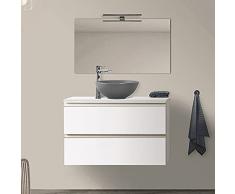 Mobile Bagno sospeso 100 cm per lavabo da appoggio, Serie Master 2 cassetti, Completo di Top e Specchio (Bianco Opaco)