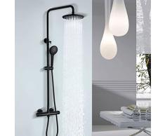 Dolinvo Colonna Doccia Nero Termostatica 38℃ Soffione 3 Funzioni Set Doccia Completa Multifunzionale 860-1260mm Altezza Regolabile Sistema Doccia Rotonda Ottone H59 Inossidabile per Bagno
