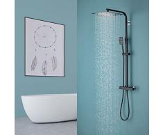 Colonna Doccia con Miscelatore Termostatico, Auralum Colonna Doccia Altezza Regolabile con 30x30CM Soffione Doccia, Colonna Doccia Nera in Acciaio Inox per Bagno