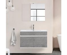 Mobile bagno sospeso con lavabo in ceramica e specchio, cassetti e ante a chiusura rallentata, 3 colorazioni disponibili (90 cm 2 ante, Grigio cemento)