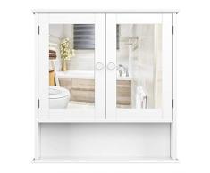 Homfa Stile Rustico Armadietto Arredo Specchio a Parete, Mobiletto in Legno da Muro, Cremagliera Scaffale Cucina/Bagno e Decoazione Salotto con Specchio 56 × 13 × 58cm Bianco