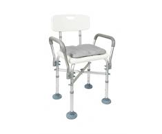 KMINA - Sedia per Doccia (150 kg) con Doppia Barra di Rinforzo e Cuscino, Sedia per Doccia Anziani con Braccioli, Sgabello per Doccia Bianco, Montaggio senza Utensili - Made in Europe