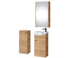 Planetmöbel Set da bagno completo di base 40 cm con lavabo, mobile a specchio e 1x mobile midi in rovere oro, set completo per bagno 4 pezzi.