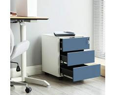 SONGMICS Cassettiera da Ufficio Studio Scrivania, Mobiletto con Ruote per Documenti e Cancelleria, con 3 Cassetti e Serratura, Pre-Assemblato, 39 x 45 x 55 cm (L x P x A), Bianco e Blu OFC63WB