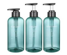 Dispenser Shampoo e Bagnoschiuma, 3 Pezzi 500ml Dispenser Sapone Ricaricabili, PET Materiale, Flacone a Pompa per Liquido Lozione Bagnoschiuma Condizionatore (Blu)