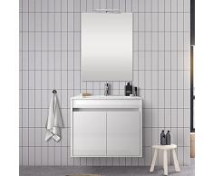 Mobile bagno sospeso 70 cm, serie Mavi 2 ante, arredo bagno moderno completo di lavabo e specchio (Bianco Lucido)