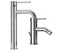 Yellowshop - Set Miscelatori Rubinetteria Bagno Lavabo Alto E Bidet Con Snodo Orientabile Modello Essenza Completo Rubinetto Con Flex Inox Piletta Sanitari