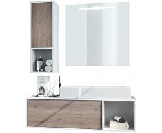 Vladon Set di mobili da bagno Mobile contenitore La Costa, struttura in bianco opaco/frontali in rovere nordico con lavabo da appoggio e specchio LED