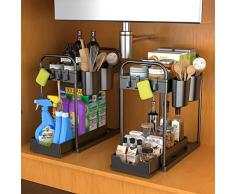 Lannvan 2 organizer sotto il lavandino – 2 ripiani – armadietto – organizer da cucina – mensola portaspezie da cucina con 8 ganci e 4 tazze, nero