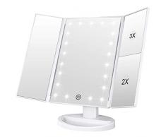 WEILY Specchio di Vanity Trifold dello specchio di trucco illuminato con lingrandimento di 1X/2X/3X, le notti naturali del LED, lo schermo di tocco, lo specchio caricabile (Bianco)