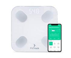 FitTrack Dara Bilancia Pesapersone Digitale BMI Smart - Misura Peso e Grasso Corporeo - Impedenziometrica Bluetooth da Bagno in Vetro (Bianca)