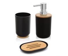 Accessori bagno in set completo 3 pezzi colore nero, kit accessori appoggio, include dispenser, portaspazzolini e portasapone, abs e legno bambù, linea Surf