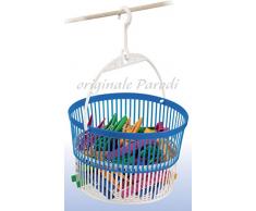 Cambia titolo in:Cestino portamollette BASKY, cestino porta mollette con mollette incluse, cestino per mollette colore bianco e blu, cesto porta mollette appendibile, cestino mollette estensibile in plastica art. 435