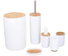 alpina Set da Bagno in Legno Bamboo e Plastica Bianco e Naturale 6pz con Portascopino, Unica