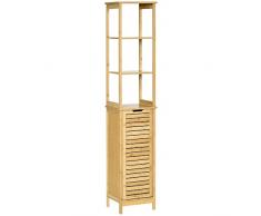 kleankin Mobile Bagno con 3 Ripiani e 1 Credenza, Colonna Bagno Salvaspazio Design a Doghe in Bambù, 34x30x173cm, Color Naturale